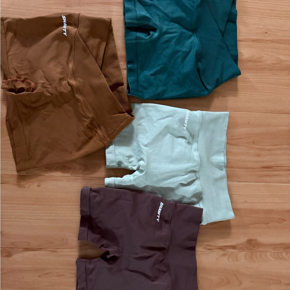 Shawty 4 pairs of Women's work out Shorts - Brown, Teal, Mint, and Dark Brown